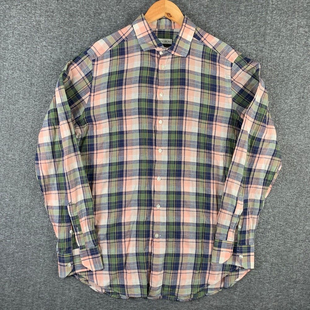 Etro Linen Shirt Men 43 Extra Large Plaid Button Up Spread Collar Made in Italy